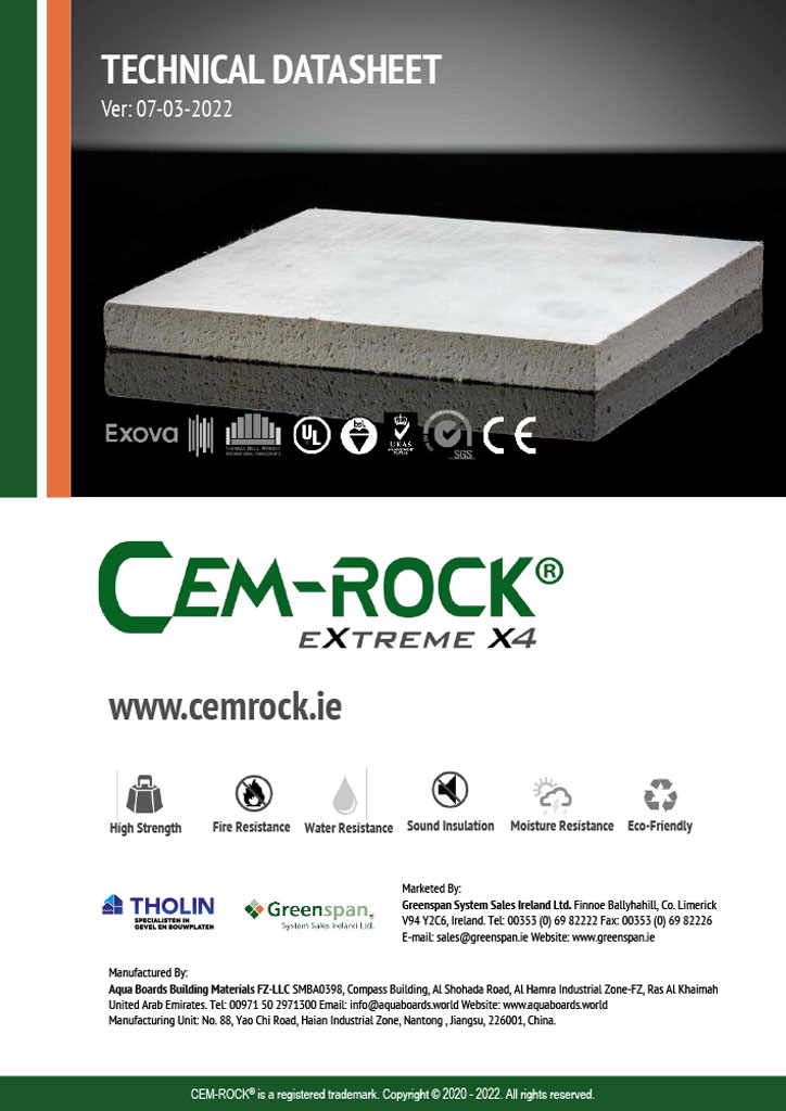 Datasheet van Cem-Rock Extreme 4, met technische specificaties en toepassingen voor magnesiumoxide bouwplaten.