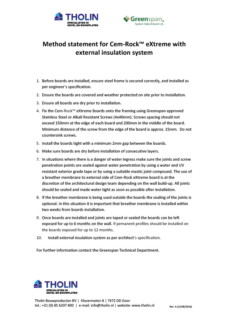 Method Statement voor Cem-Rock External Insulation System, met richtlijnen voor het installeren van externe isolatiesystemen op magnesiumoxideplaten.