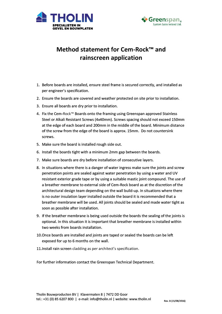 Method Statement voor Cem-Rock Rainscreen Application, met gedetailleerde instructies voor het installeren van regenschermsystemen.
