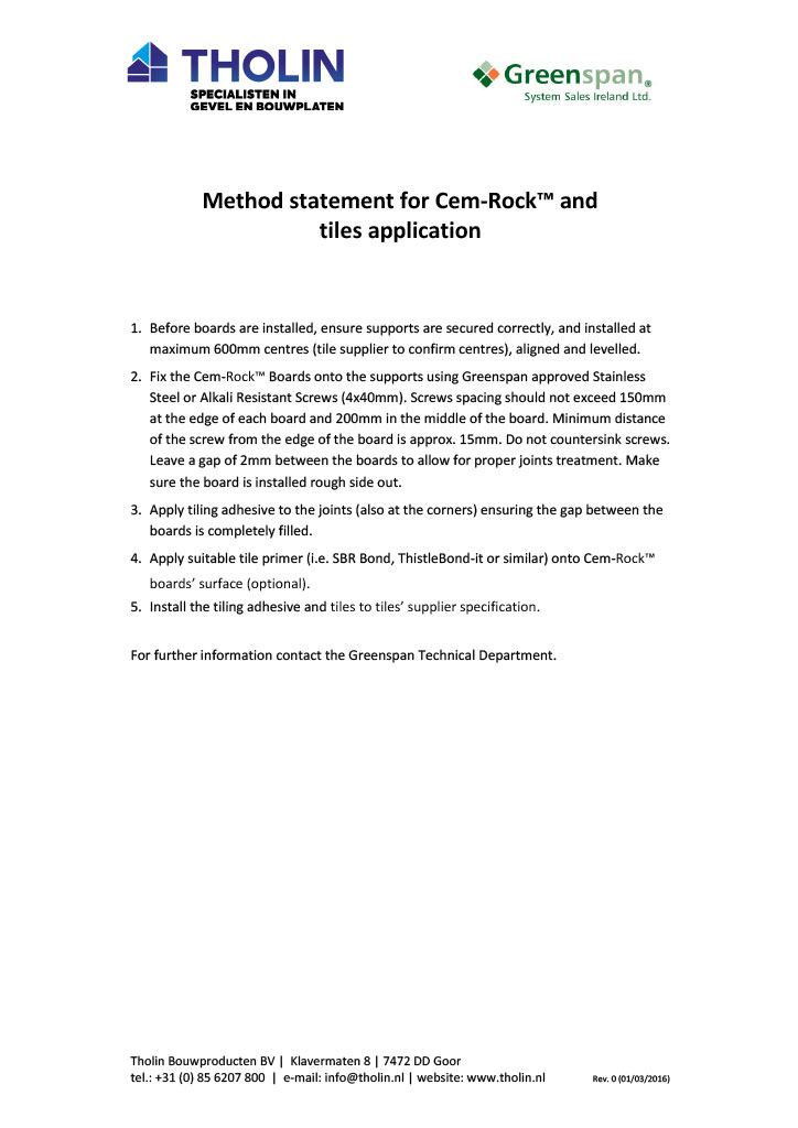 Method Statement voor Cem-Rock Tiles Application, met instructies voor het aanbrengen van tegels op magnesiumoxide bouwplaten.