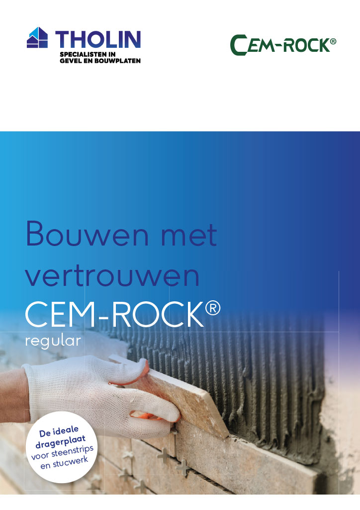 Omslag van de Tholin Cem-Rock brochure 2024, met informatie over duurzame magnesiumoxide bouwplaten.
