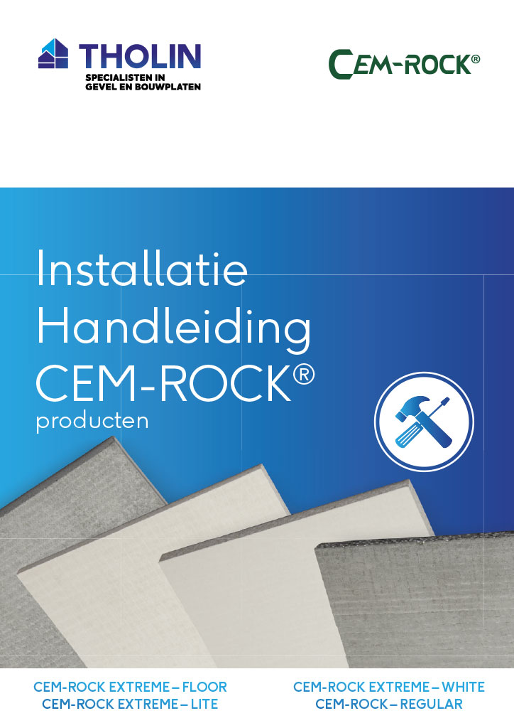 Omslag van de Cem-Rock installatiehandleiding 2024, met instructies voor de montage van duurzame bouwplaten.