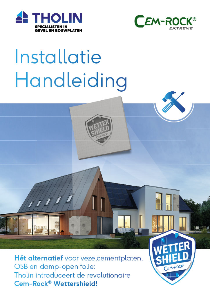 Omslag van de Cem-Rock Extreme installatiehandleiding 2024, met richtlijnen voor het plaatsen van magnesiumoxideplaten.