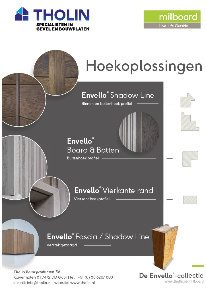 Omslag van de Millboard hoekoplossingen brochure 2024, met details over afwerkingsmogelijkheden voor gevelhoeken.