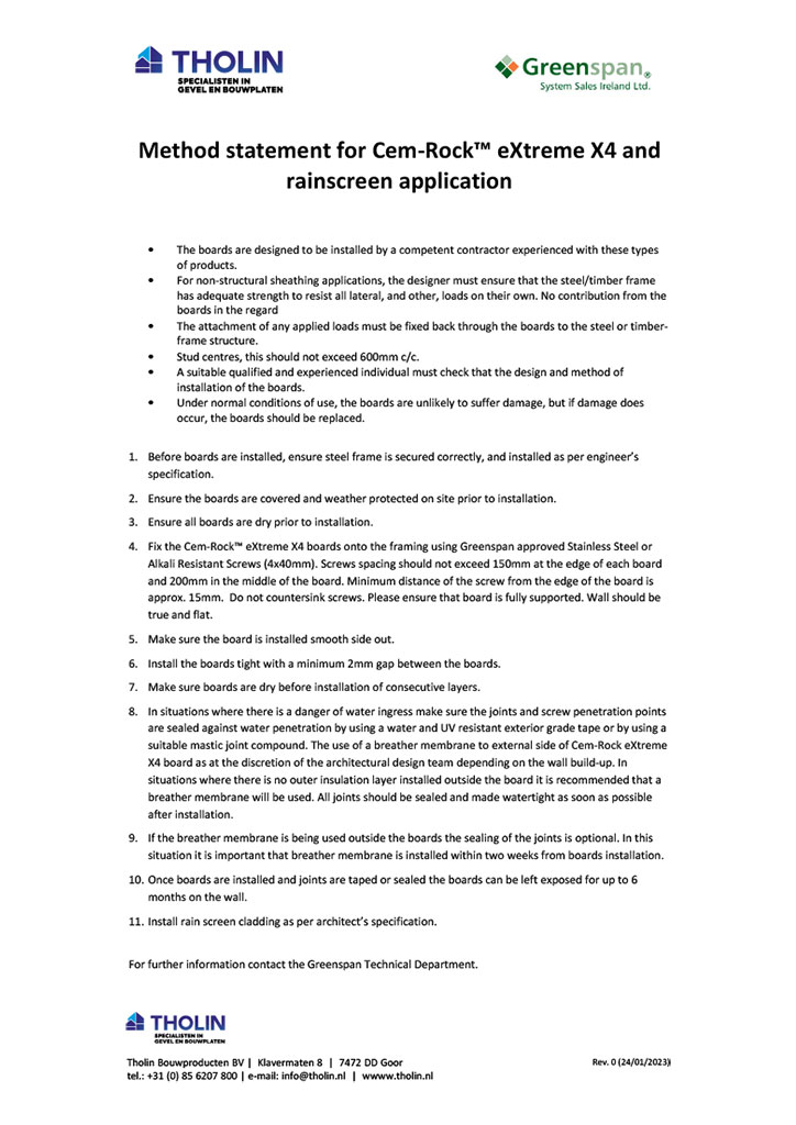 Method Statement voor Cem-Rock Extreme, met instructies voor het gebruik van duurzame bouwplaten in veeleisende toepassingen.