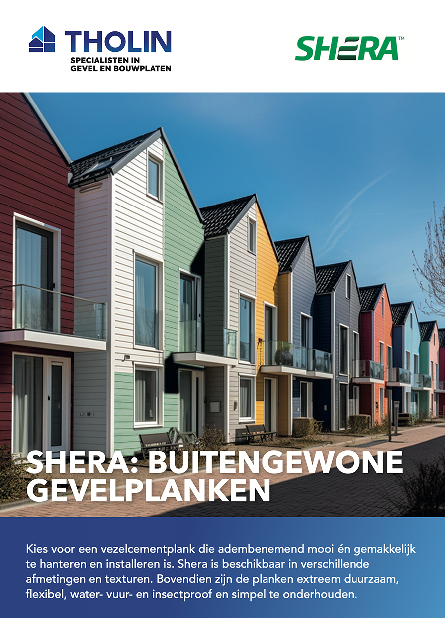 Voorpagina van de Tholin Shera brochure van juni, met informatie over gevelplanken en duurzame bouwoplossingen.