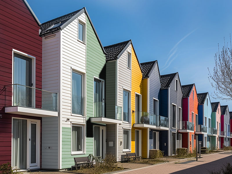 Gevel bekleed met Shera planken in een standaard kleur, toegepast op een modern gebouw voor een strakke uitstraling.