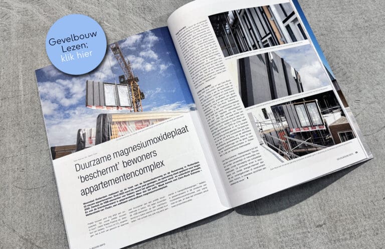 Magazinepagina over duurzame magnesiumoxideplaten met een bouwproject op de achtergrond en een knop met de tekst Gevelbouw Lezen klik hier