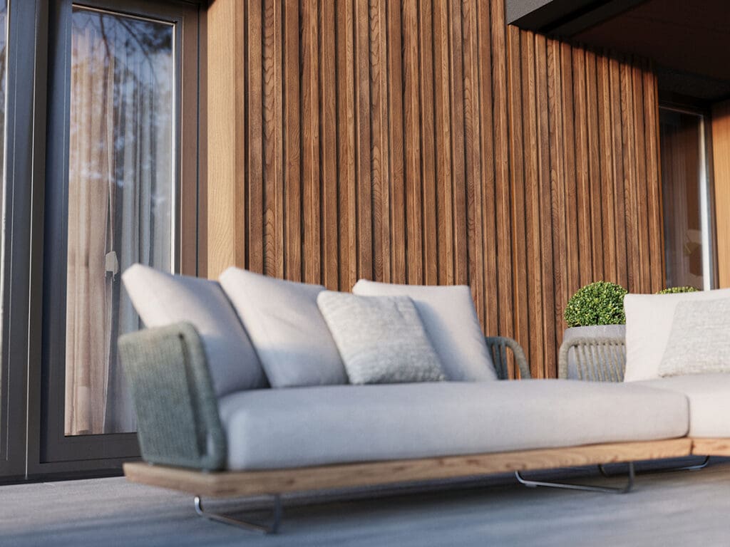 Board en batten copper oak sfeerbeelden met een loungeset op de achtergrond.